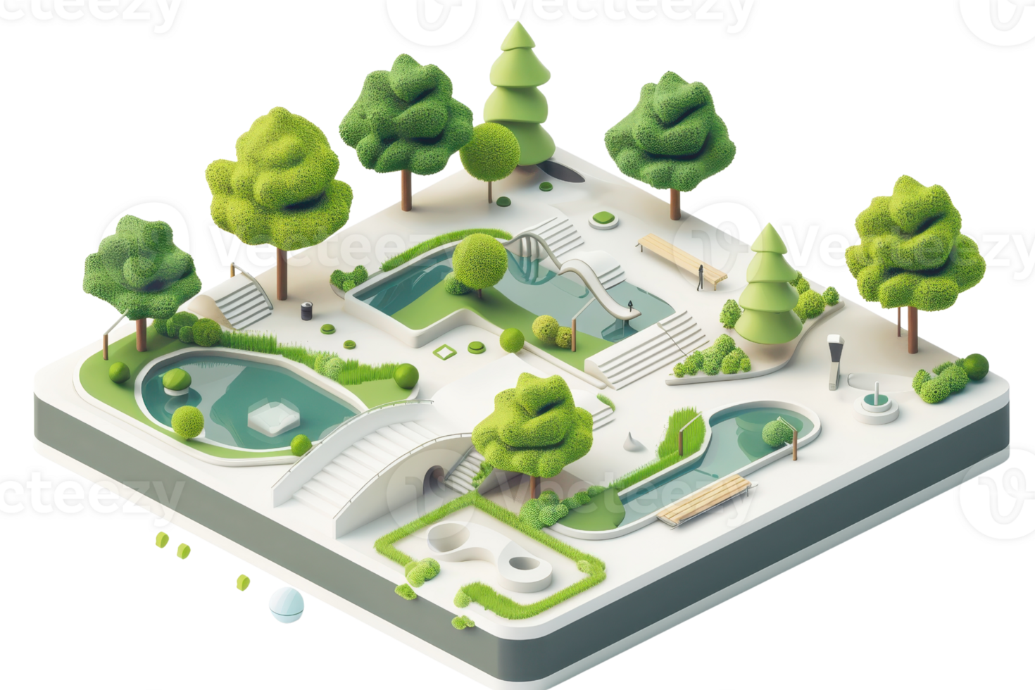 3D isometric illustration of a serene park with trees, pathways, and ponds, ideal for urban design and landscape visualization. png