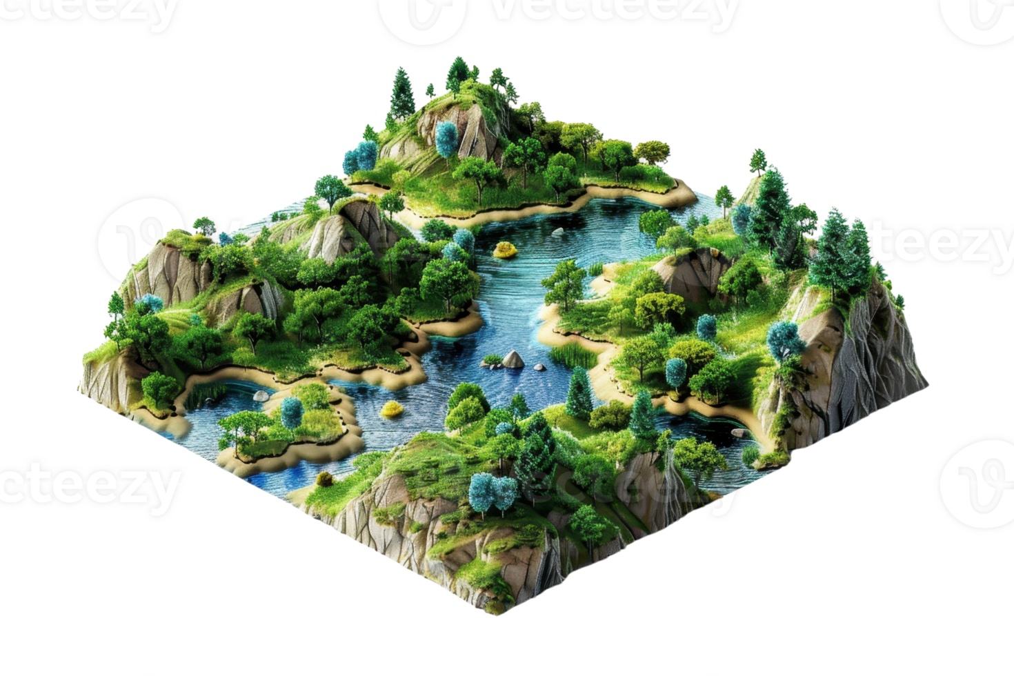 3D isometric landscape illustration featuring a vibrant, lush environment with water bodies, greenery, and rocky cliffs, ideal for nature themes. png