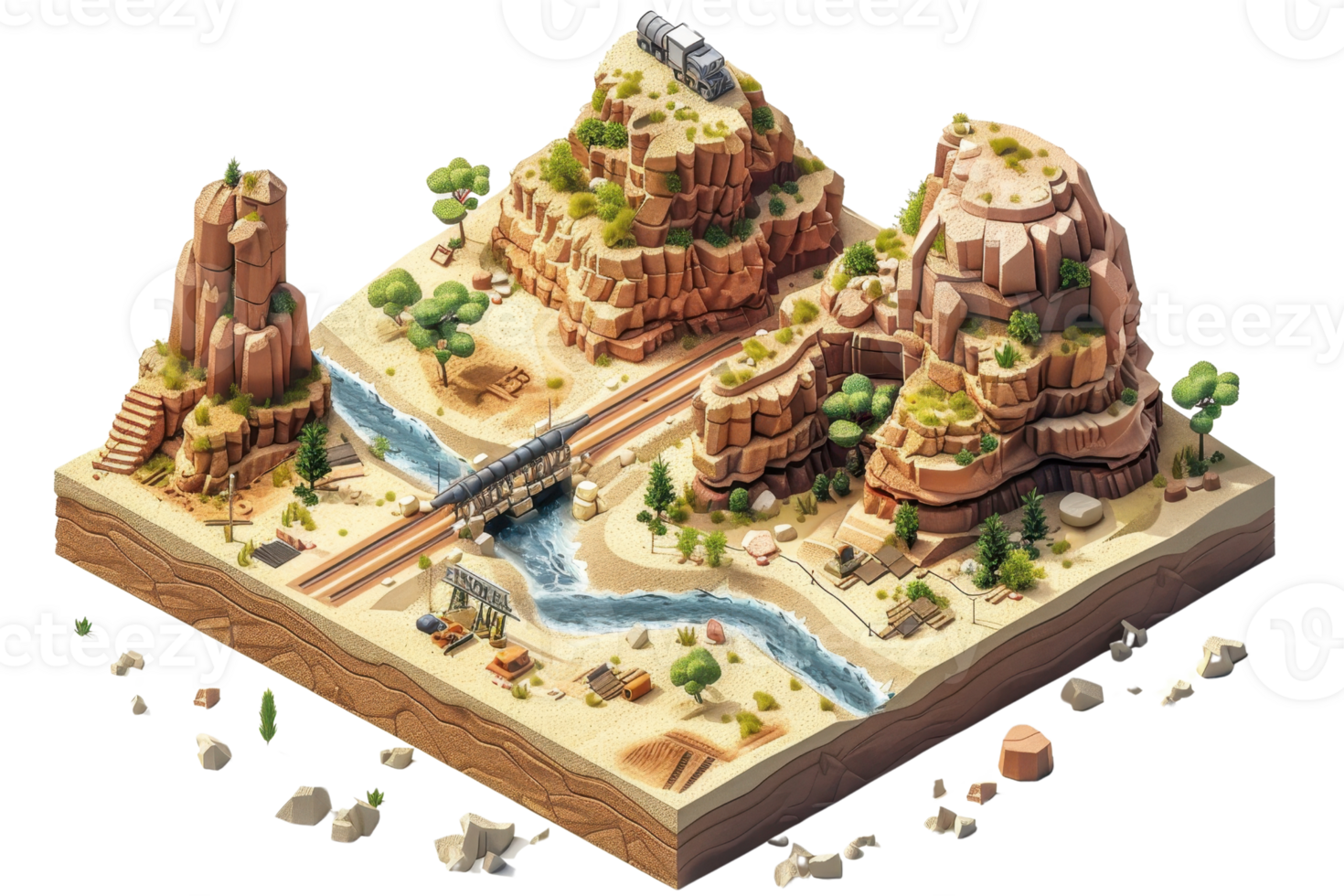 3D isometric illustration of a desert canyon landscape with a river, train tracks, and various natural formations. png