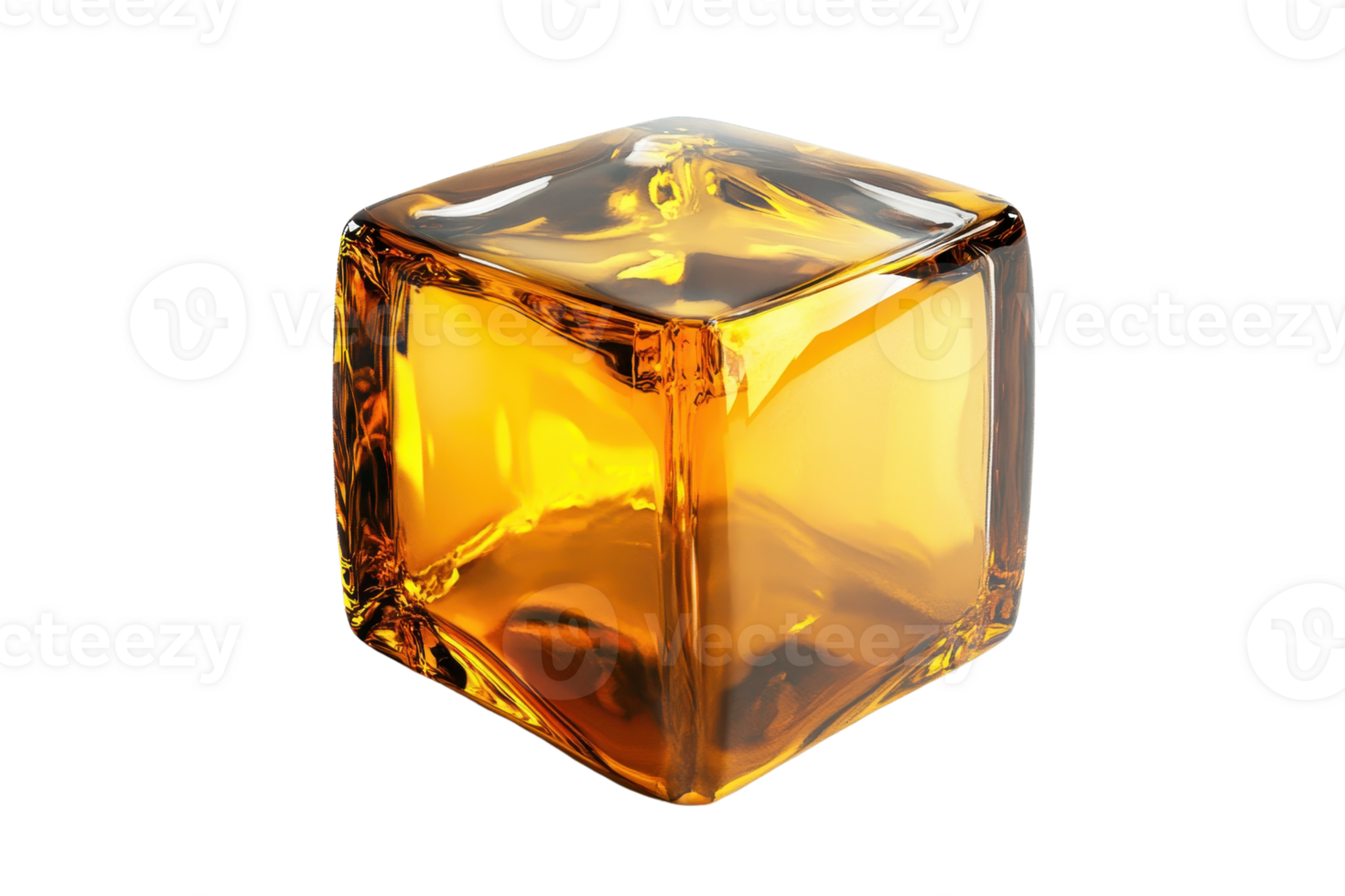 A transparent, amber-colored glass cube isolated on a transparent background. Modern design, abstract shape perfect for creative projects. png