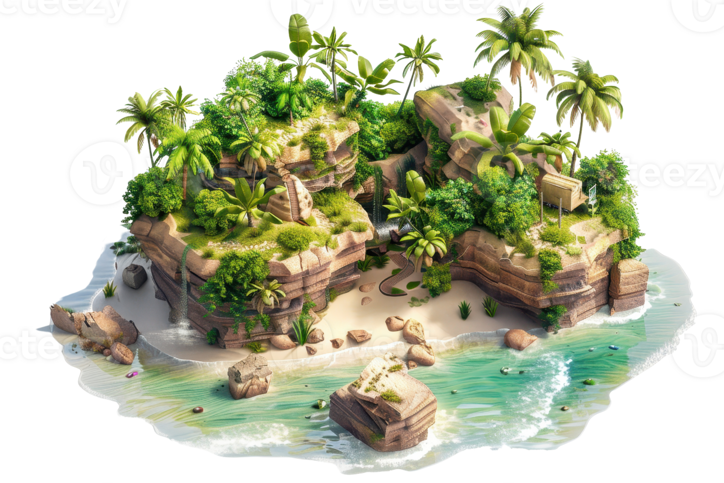 A tropical island scene with lush greenery, rocky formations, and a sandy beach surrounded by clear waters. png