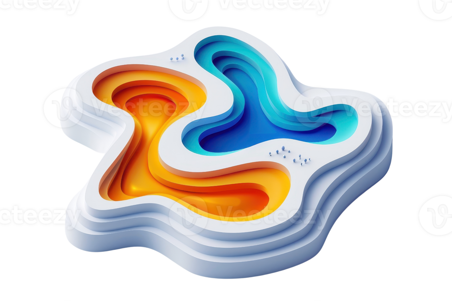 Abstract 3D layered topographic map with vibrant orange and blue colors, showcasing fluid shapes and intricate design details. png
