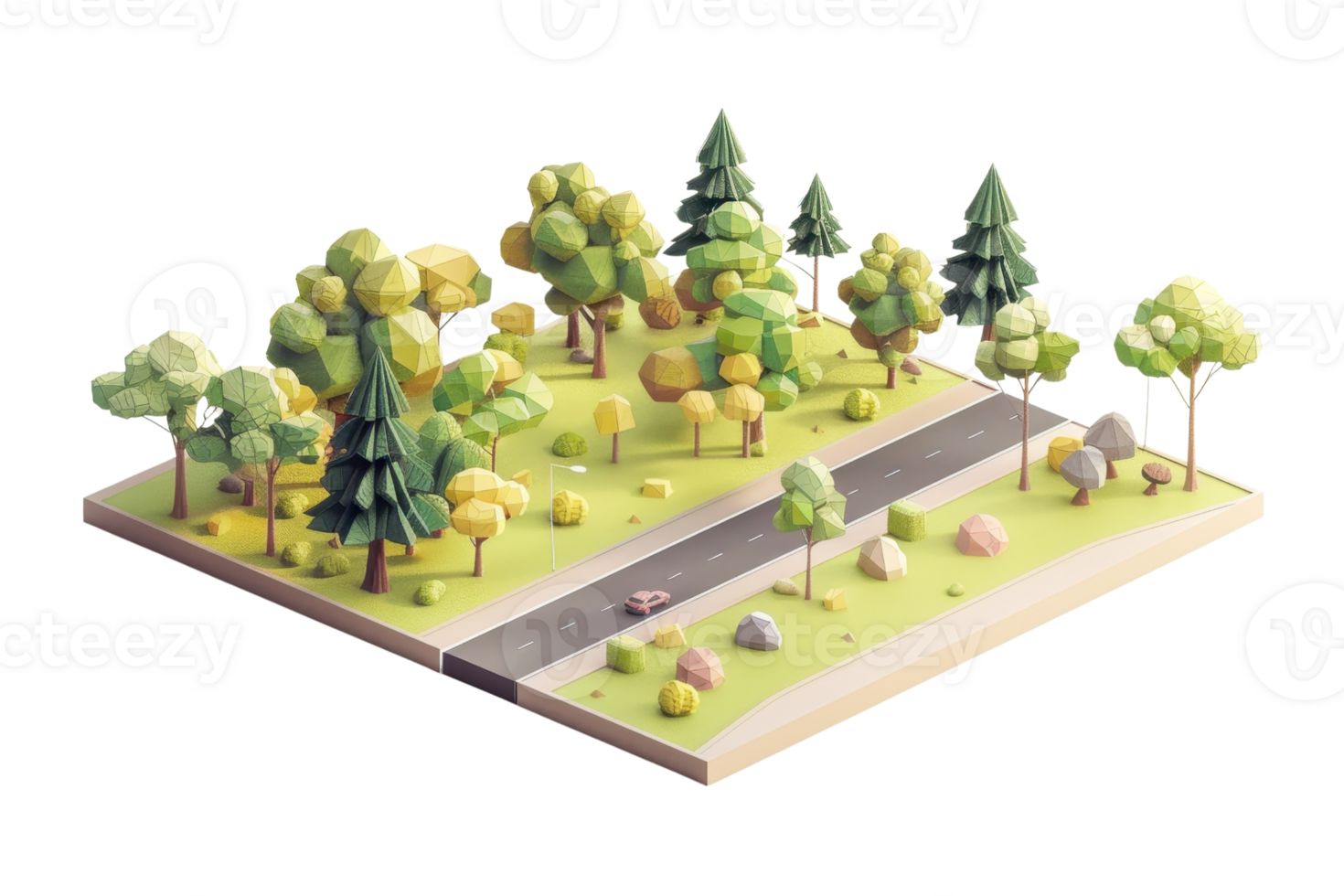 3D low-poly illustration featuring a road running through a forest with trees and rocks, representing nature and transportation in art. png