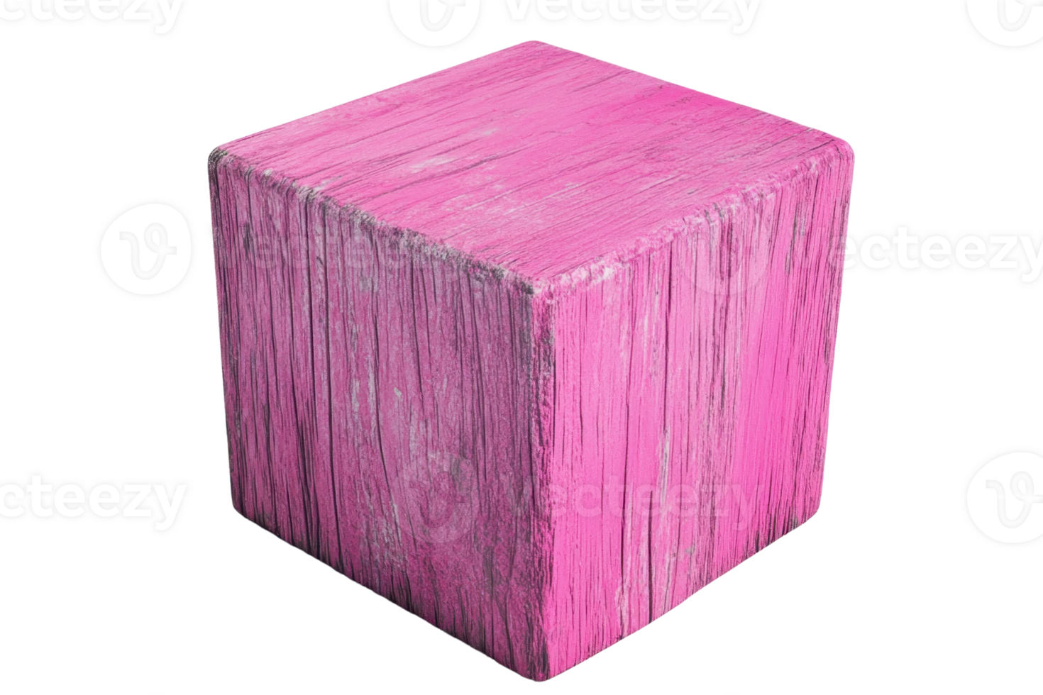 A vibrant pink wooden cube with a textured surface, isolated on a transparent background. perfect for design and creative projects. png