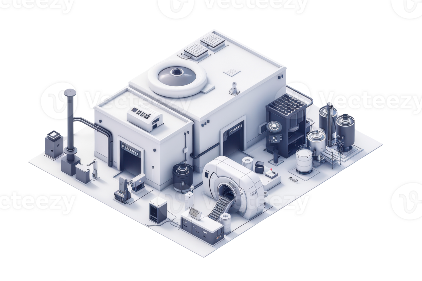 3D rendered isometric industrial facility with various equipment and technical details, featuring a modern and clean design. png