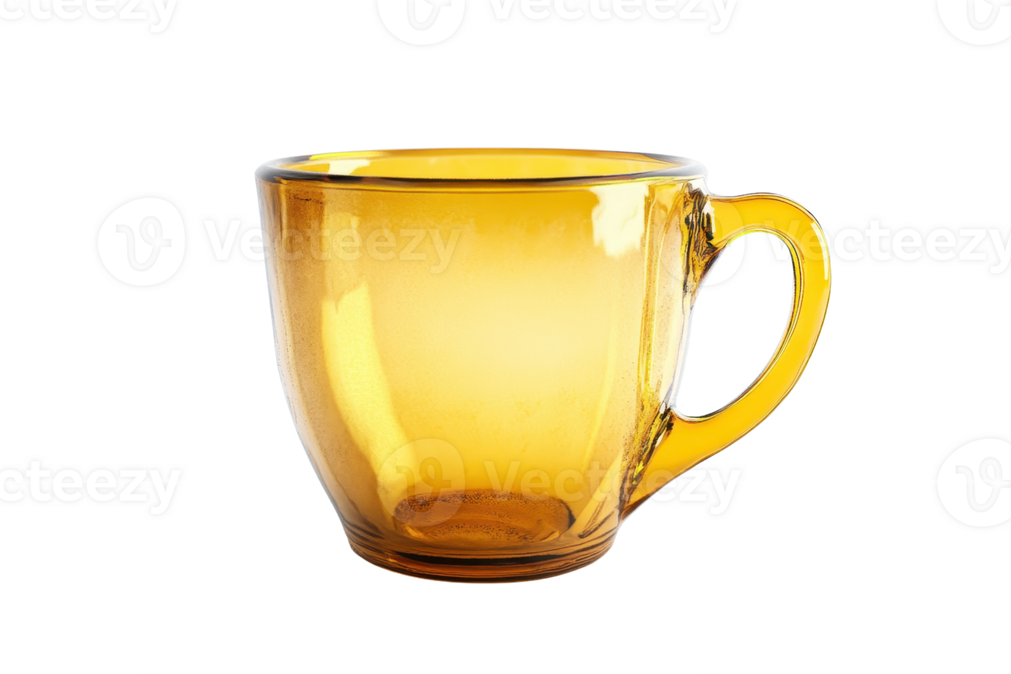 A clear amber glass cup with a handle, perfect for hot beverages like tea or coffee. Isolated on a transparent background. png