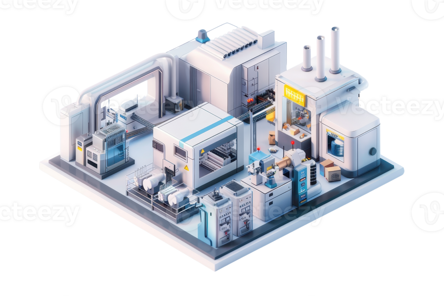 3D rendered image of a modern, industrial factory with machinery and equipment, showcasing an efficient and organized manufacturing environment. png