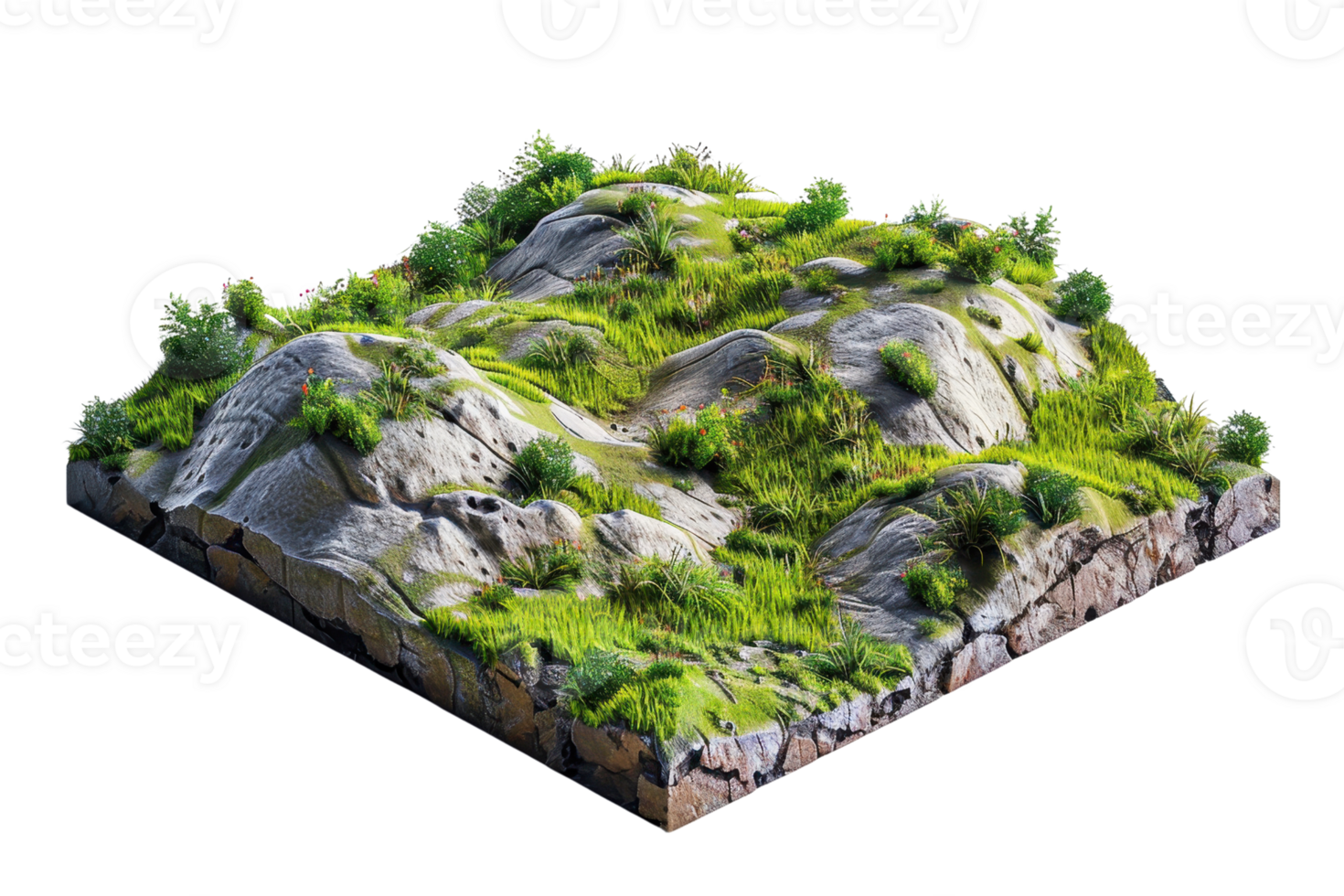 3D model of a rocky terrain covered with lush green grass and small plants, ideal for nature and landscape projects. png