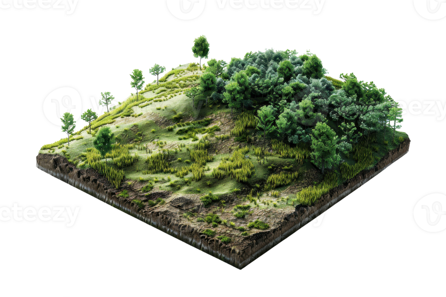 3D rendered illustration of a cross section of terrain with green forest, trees, and vegetation isolated on transparent background. png