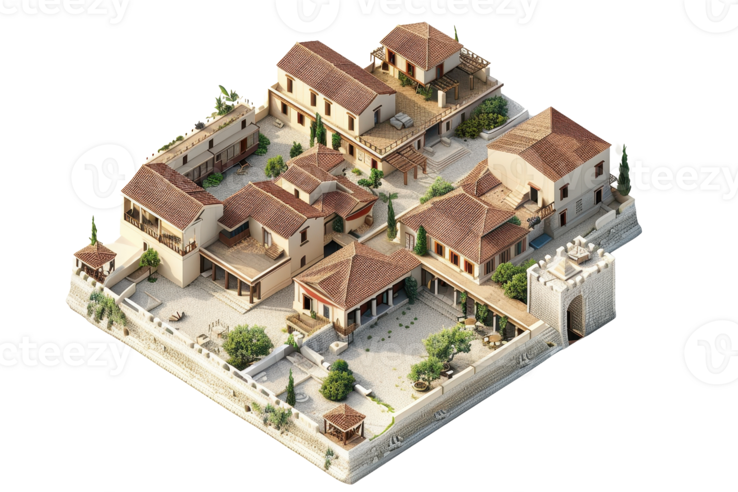 3D model of an ancient Roman villa complex with detailed architecture, lush garden courtyards, and interconnected buildings in a fortified area. png