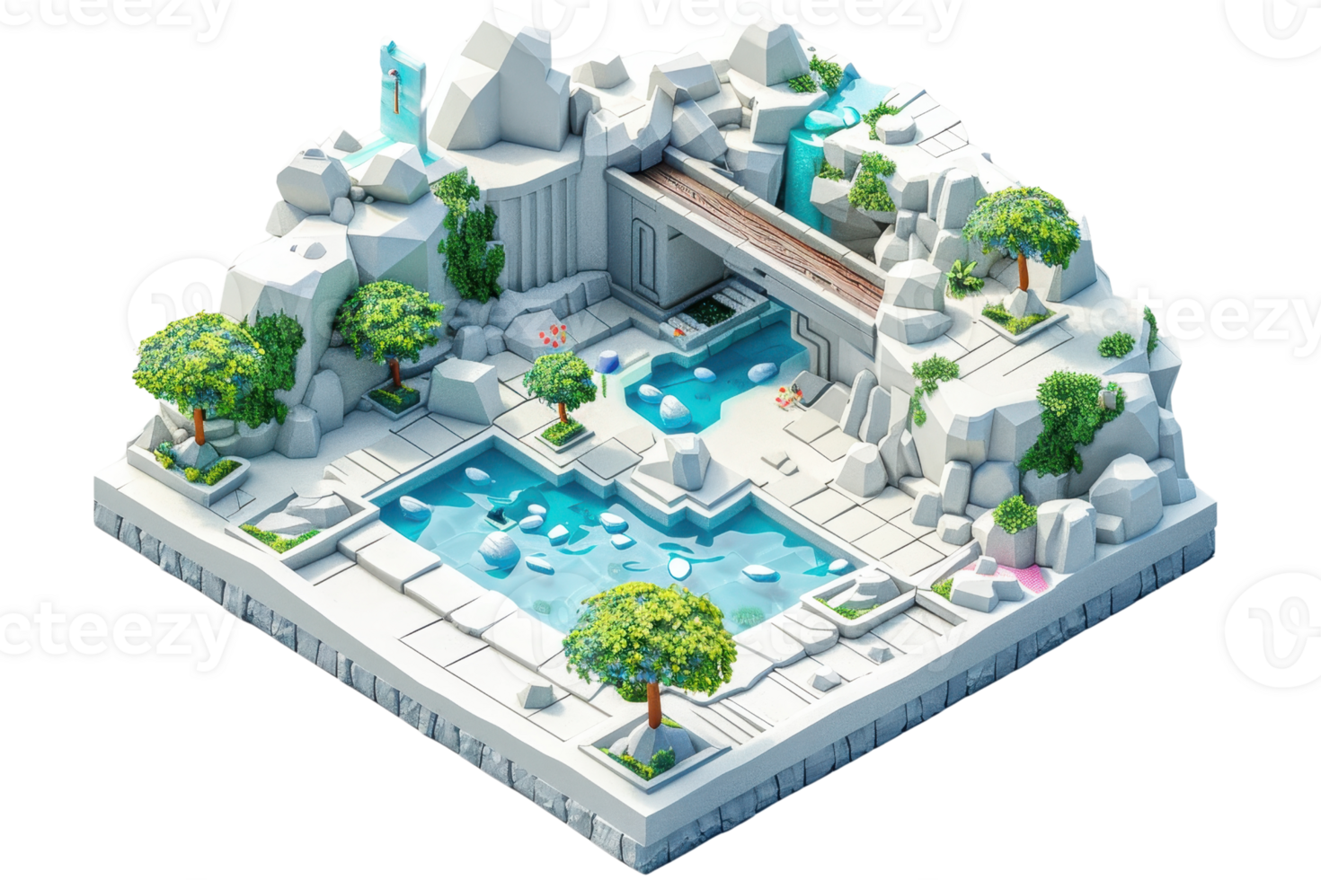 3D rendered isometric view of a stylized modern garden with pools, waterfalls, and lush greenery typical of a tropical paradise. png