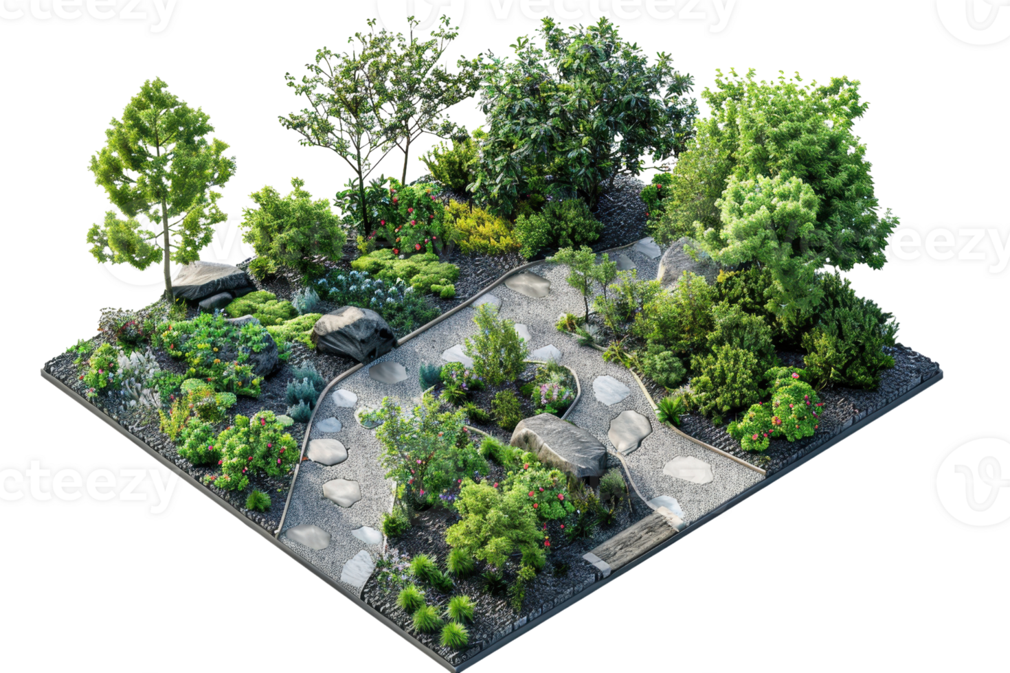 Beautifully landscaped garden with various trees, shrubs, and stone pathways, showcasing classic horticultural design in 3D rendering. png