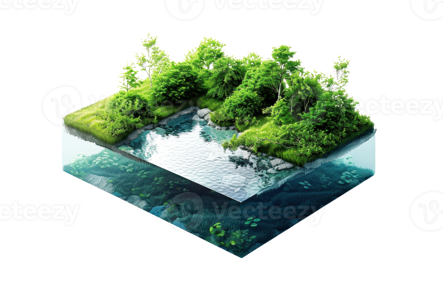 3D rendering of a lush, green forest island surrounded by clear water, showcasing nature's beauty in a cross-sectional view. png