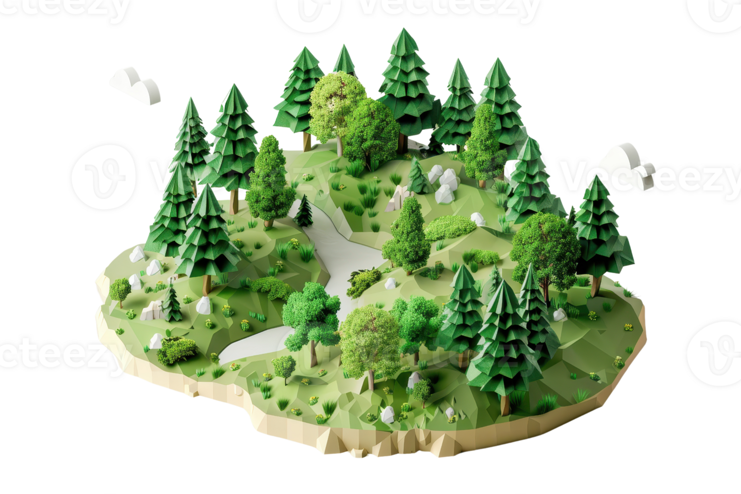 3D rendering of a lush, green forest island with trees and pathways surrounded by floating clouds and rocks. png
