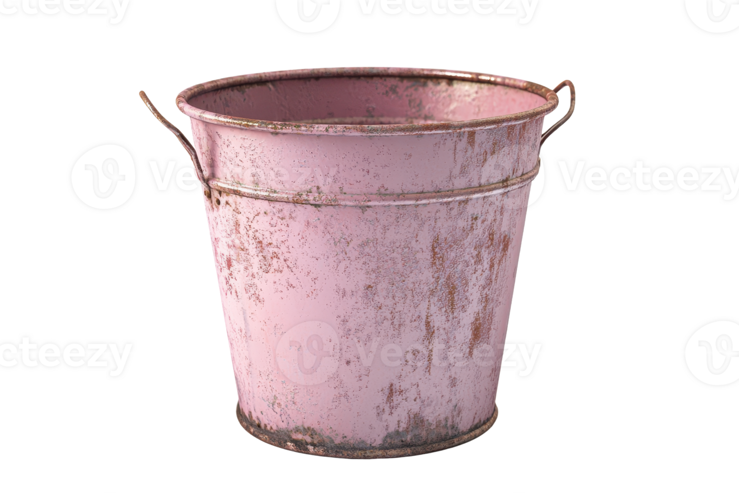 A rustic, metal bucket with a faded pink paint, showing signs of wear and weathering. Ideal for farm, garden, or vintage-themed designs. png