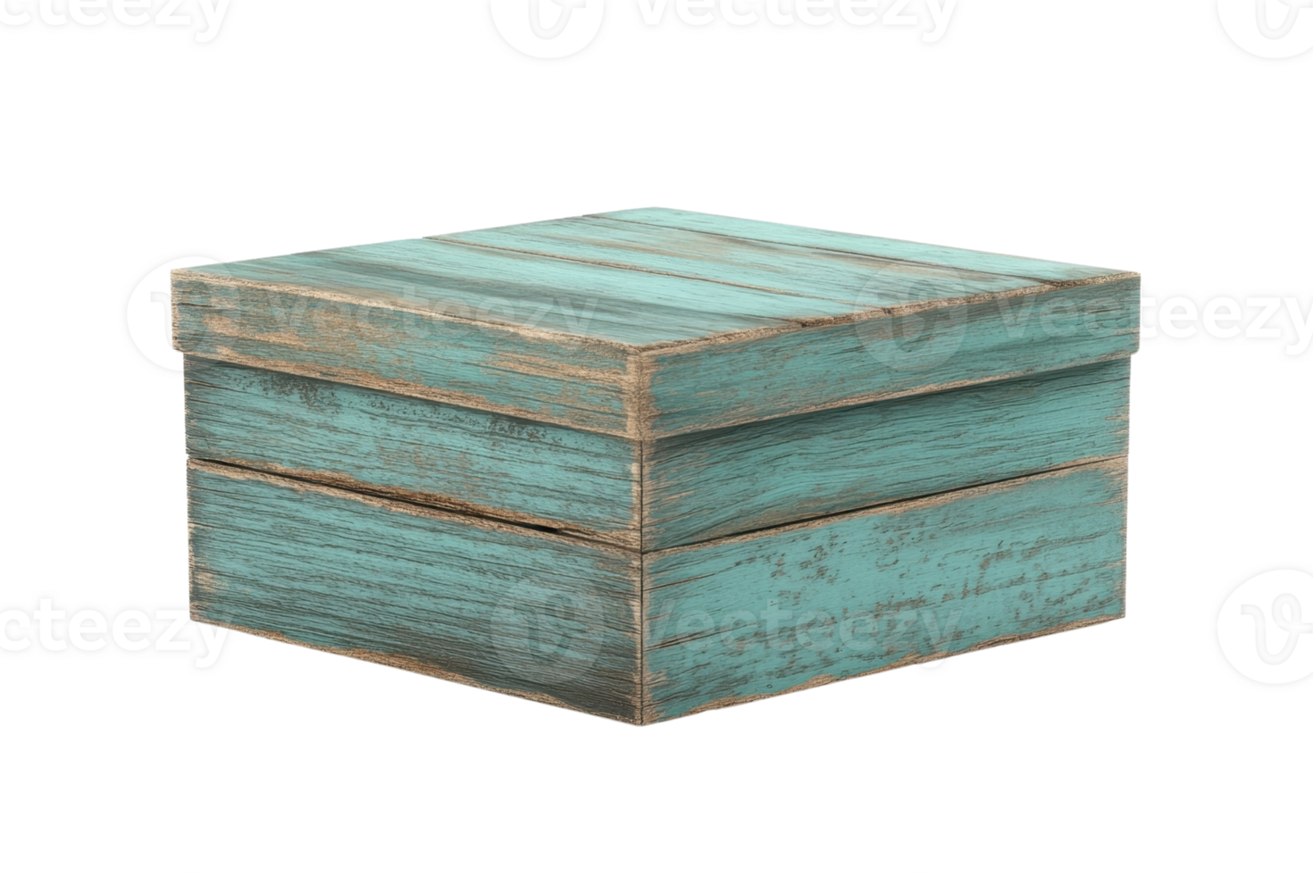 A rustic teal wooden box with a weathered finish, perfect for storage or decoration in various settings. png