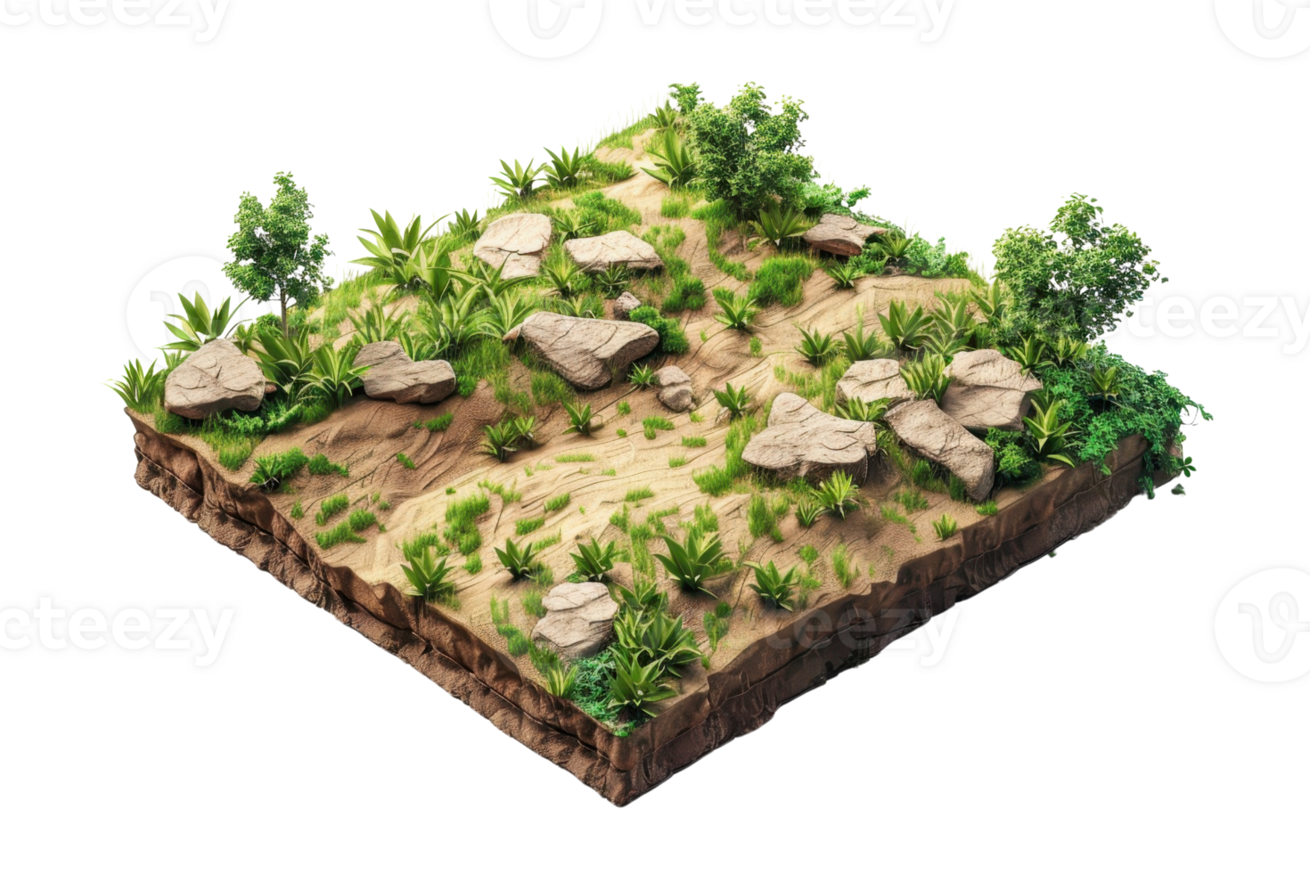 3D rendered display of section of ground with rocks, plants, and soil cross-section, suitable for educational and illustrative uses. png