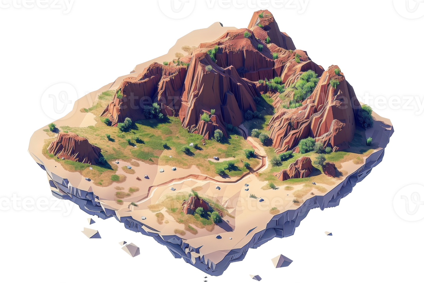 3D rendered isometric desert landscape featuring rocky terrain, cliffs, sparse vegetation, and a winding path under a clear sky. png