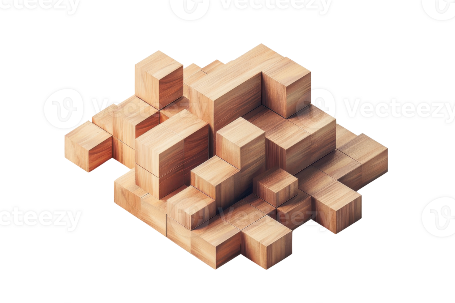 Abstract isometric geometric wooden blocks arrangement. Perfect for backgrounds, design projects, and architectural concepts. png