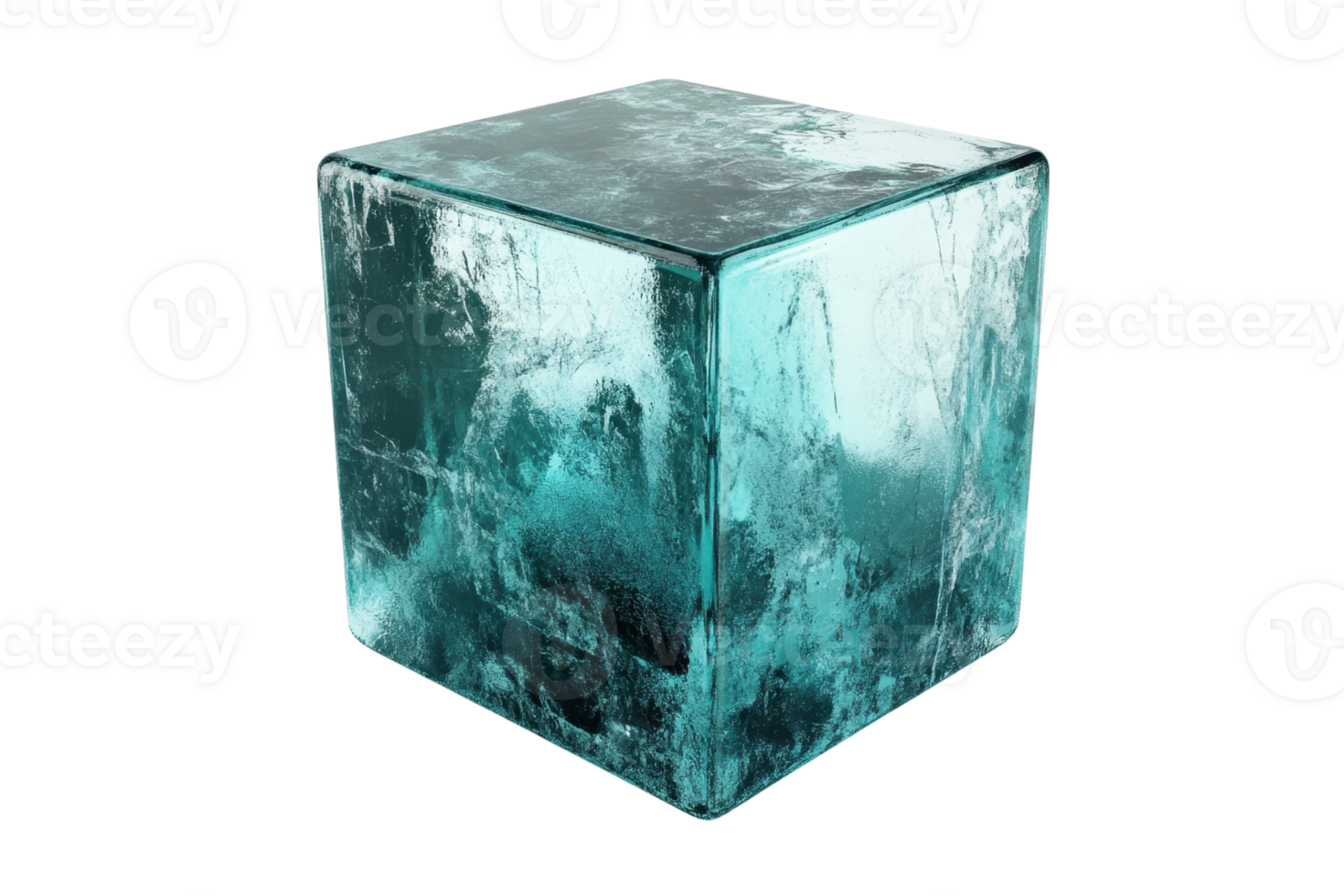 Abstract image of a transparent icy cube with a teal tint, isolated on transparent background. Perfect for design, technology, or nature themed projects. png