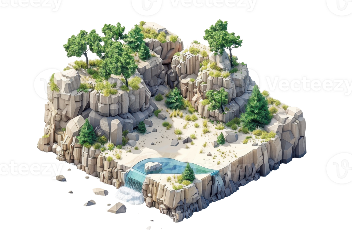 A serene 3D-rendered island with rocky cliffs, lush greenery, and a small waterfall flowing into a tranquil pool below. png