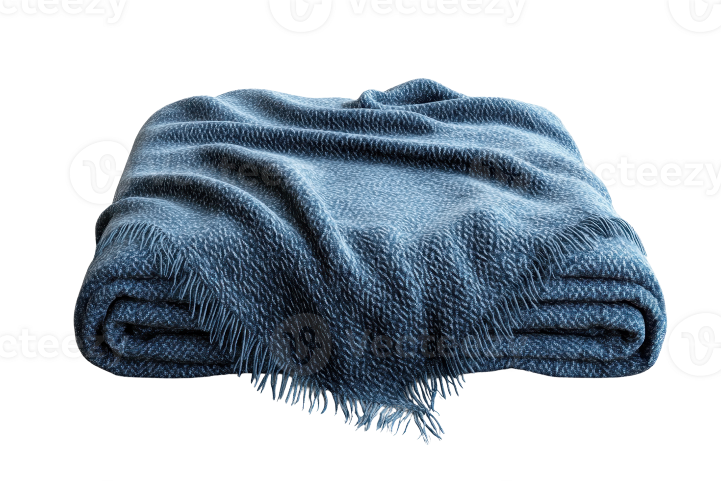 A soft, blue blanket folded neatly with fringed edges. Ideal for cozying up during chilly weather or adding a touch of comfort to your home decor. png