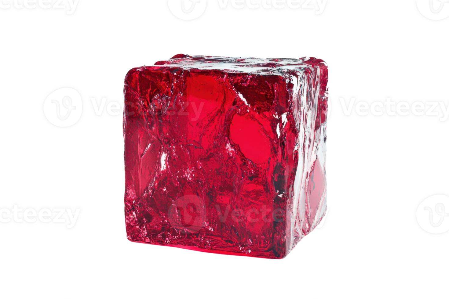 A red, transparent ice cube isolated on a transparent background. showcasing its crystalline texture and unique color. png