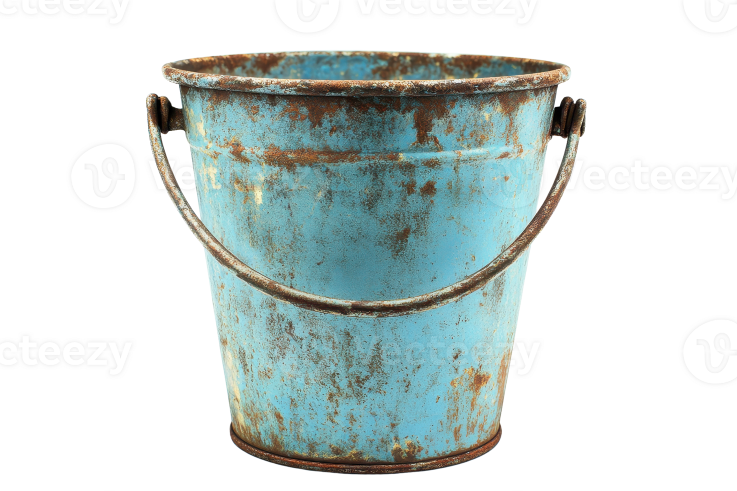 A close-up of a rustic, weathered blue metal bucket with visible rust, emphasizing vintage and antique qualities suitable for decoration. png