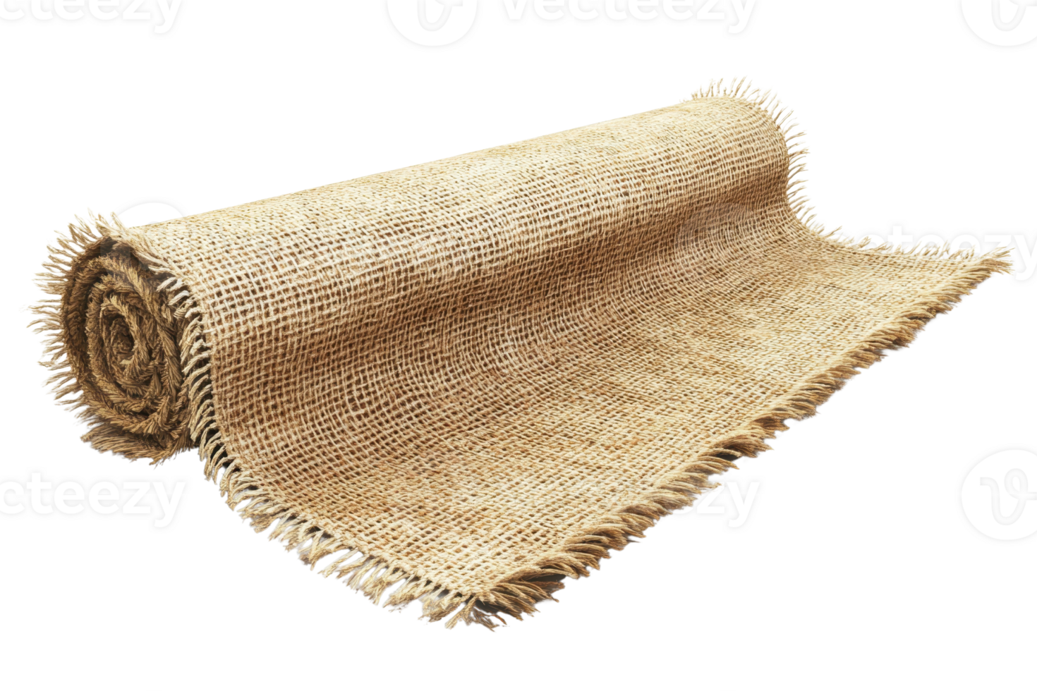 A rolled-up piece of burlap fabric with frayed edges, isolated on a transparent background. Perfect for rustic and DIY crafts. png