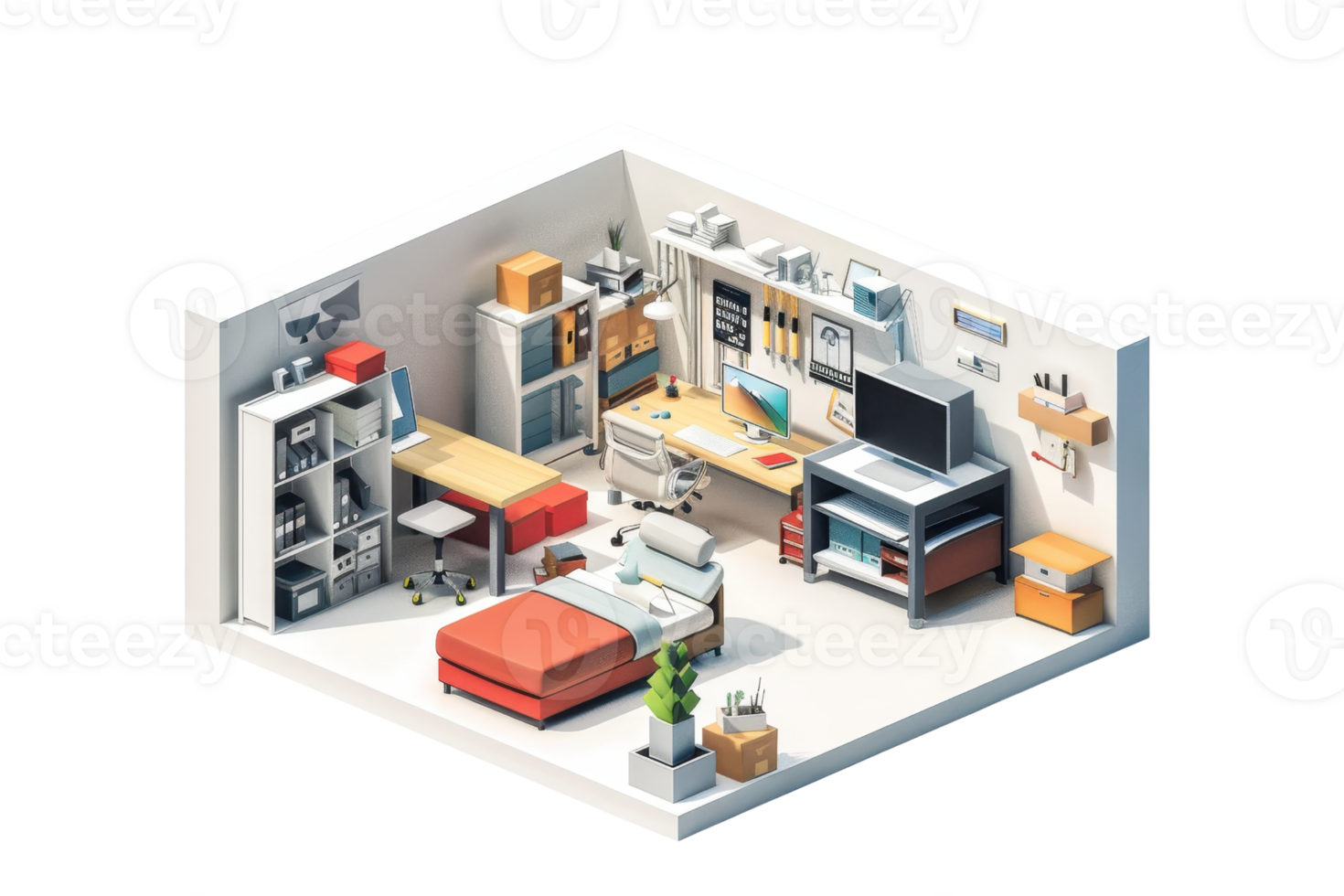 A modern, organized workspace with a desk, computer, bed, and various office supplies in a cozy room setting. png