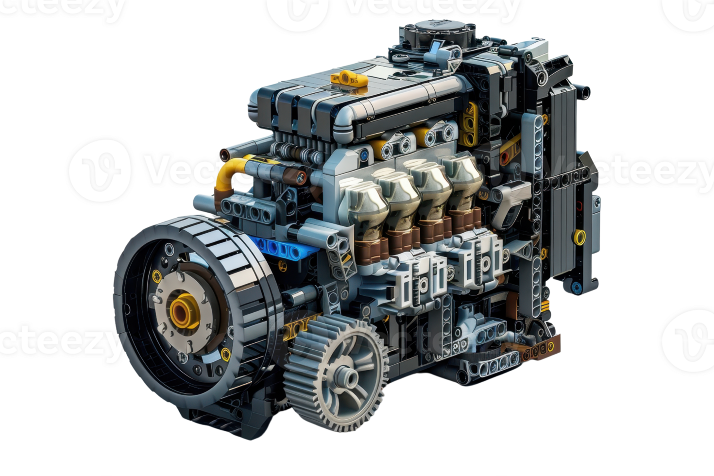 Close-up of a detailed LEGO engine model, showcasing intricate design and mechanical parts, ideal for engineering and LEGO enthusiasts. png