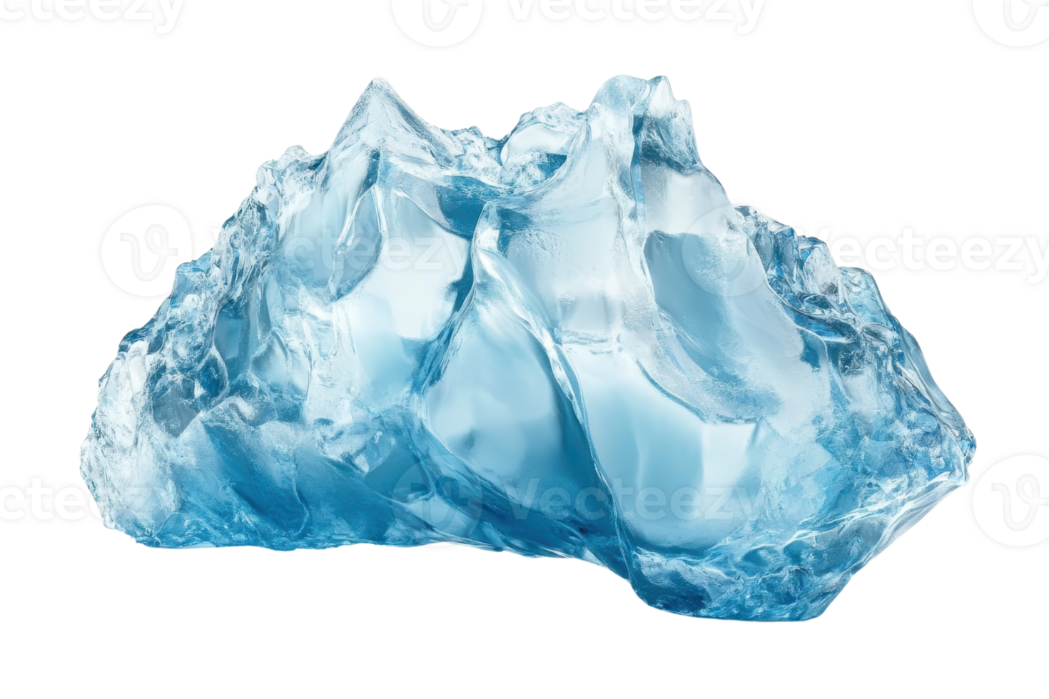 Close-up of a clear blue ice chunk with intricate textures and crystalline formations, isolated on a transparent background. png