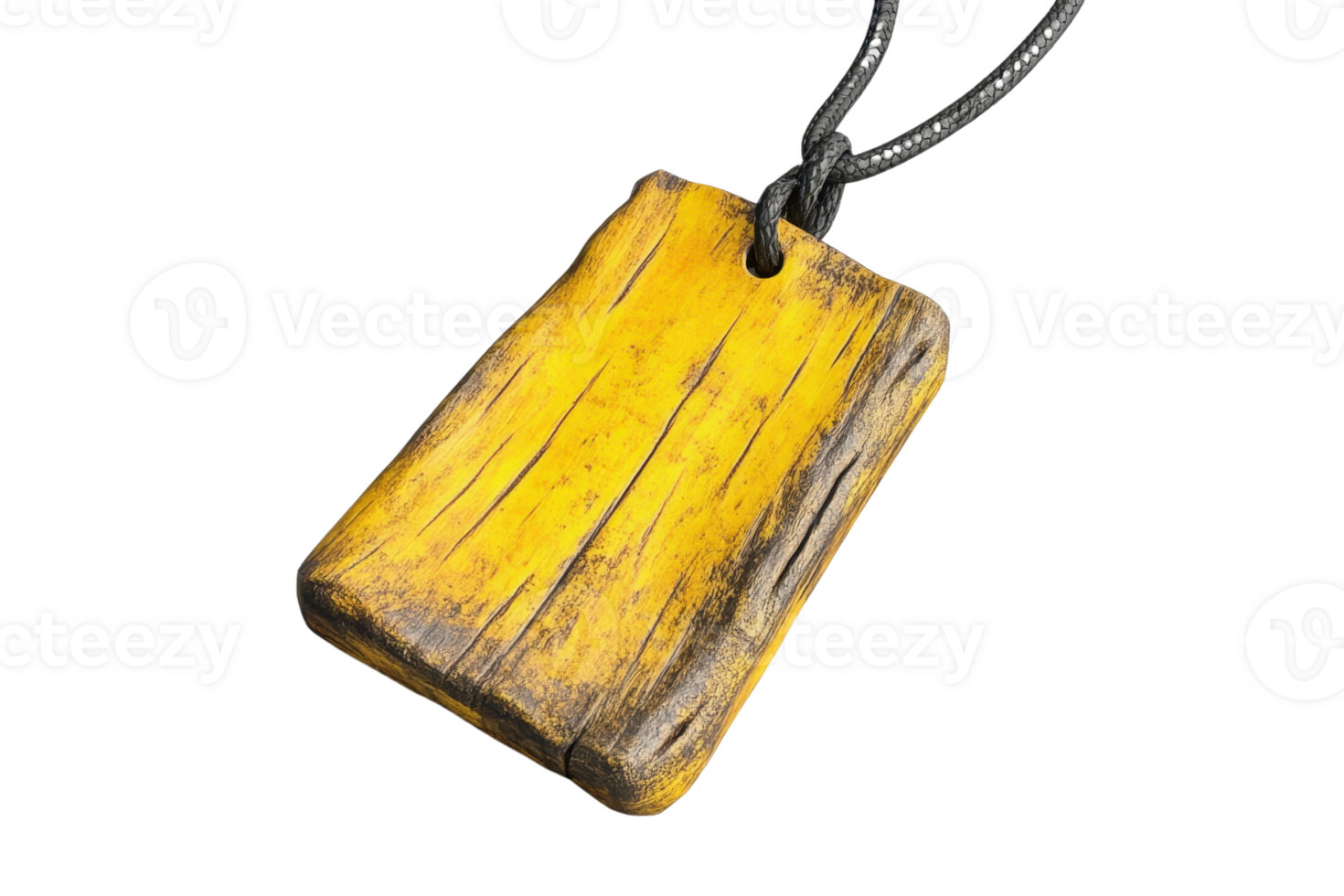 Close-up of a handcrafted wooden pendant in yellow with a rustic finish, hung on a black cord, isolated on a transparent background. png