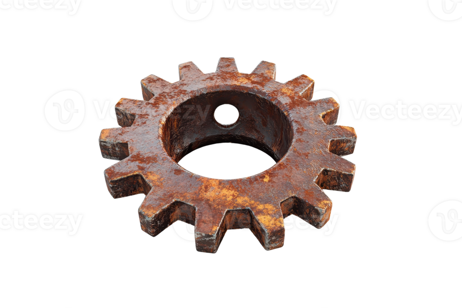 Close-up of a rusty metal gear wheel isolated on transparent background. showing deterioration and industrial wear and tear. png