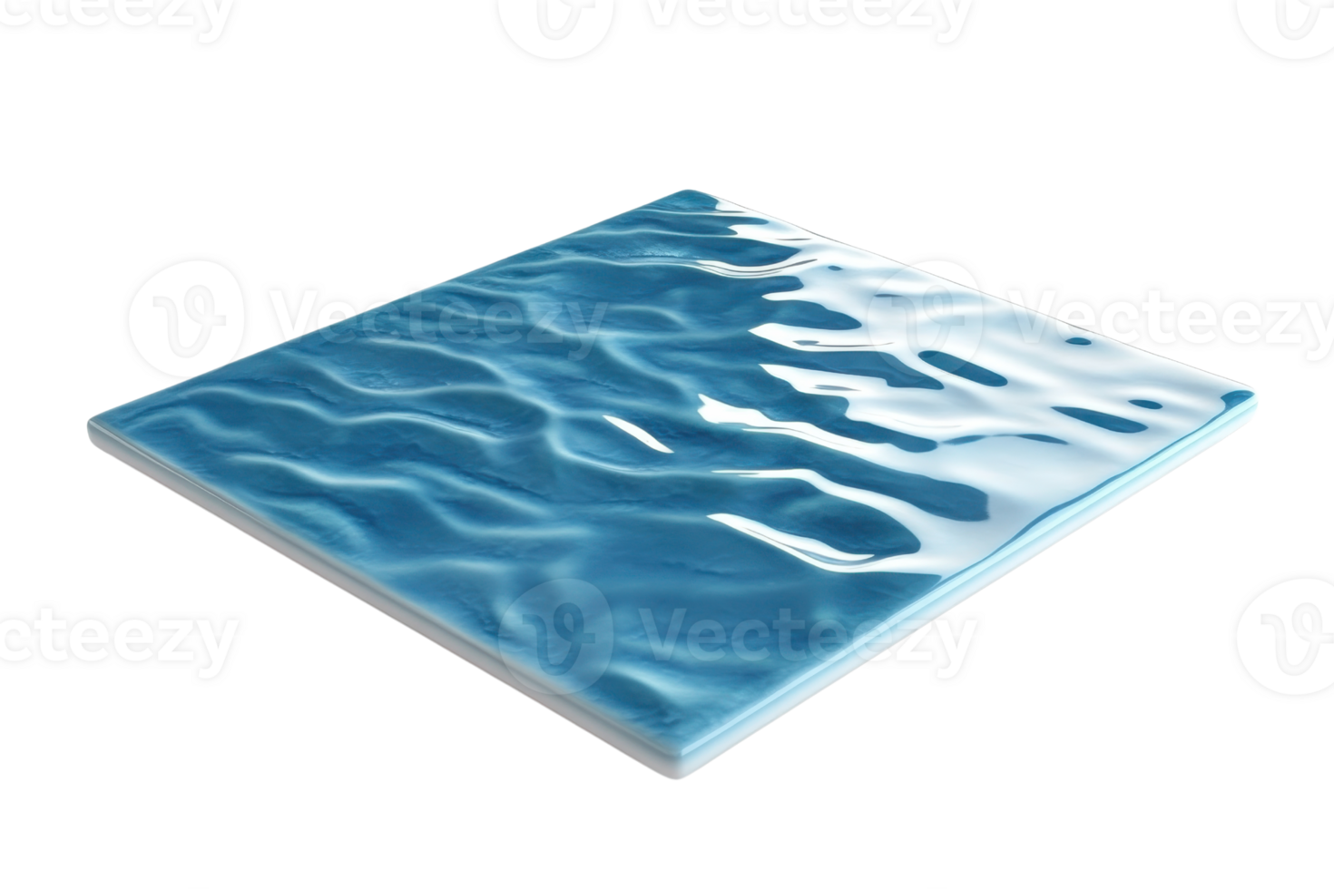 Close-up of a blue, wavy, ceramic tile, isolated against a transparent background. Ideal for backgrounds or design projects. png