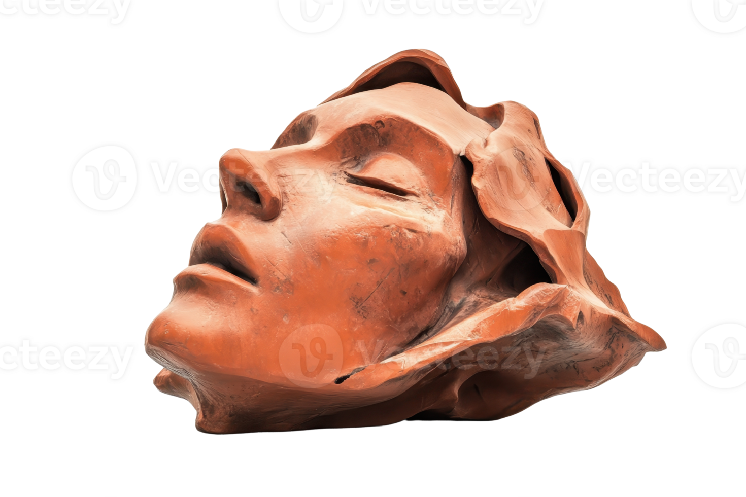 Close-up of an intricate clay sculpture of a human face, showcasing detailed craftsmanship and expressive features. png
