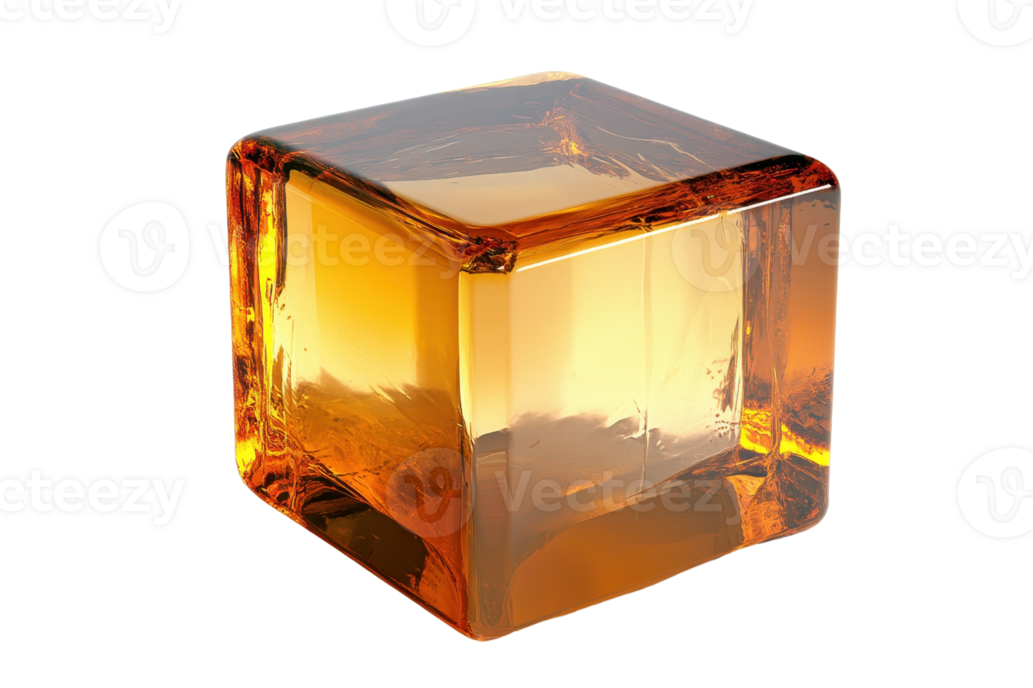 Close-up of an amber-colored glass cube featuring intricate reflections and transparency, perfect for abstract designs and futuristic themes. png