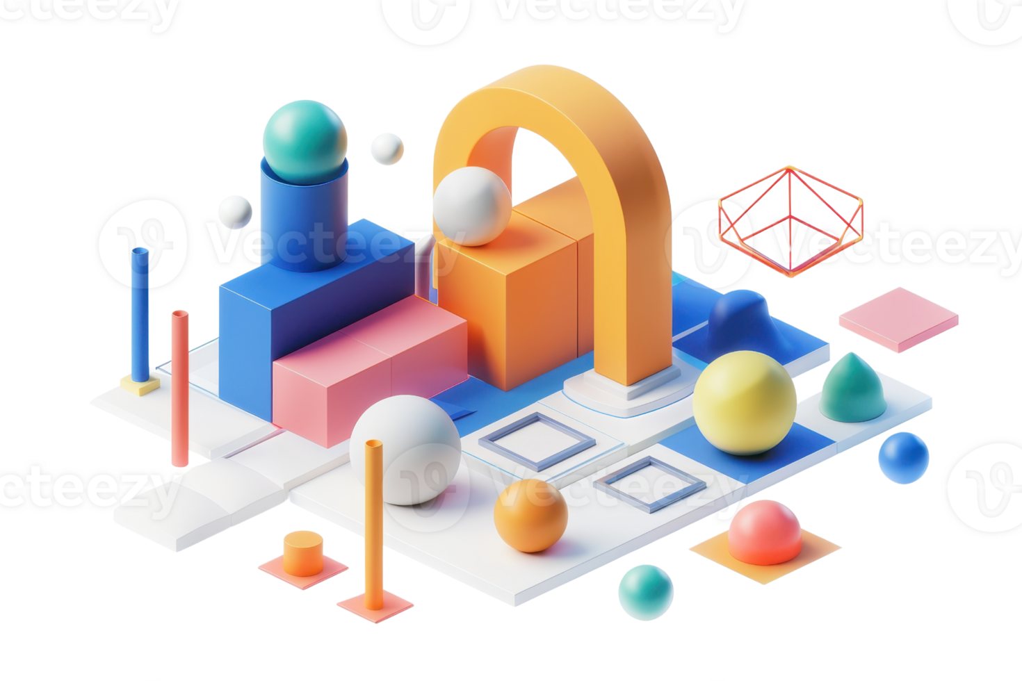 Colorful abstract geometric shapes and structures, representing modern design and creativity in a 3D rendering. png