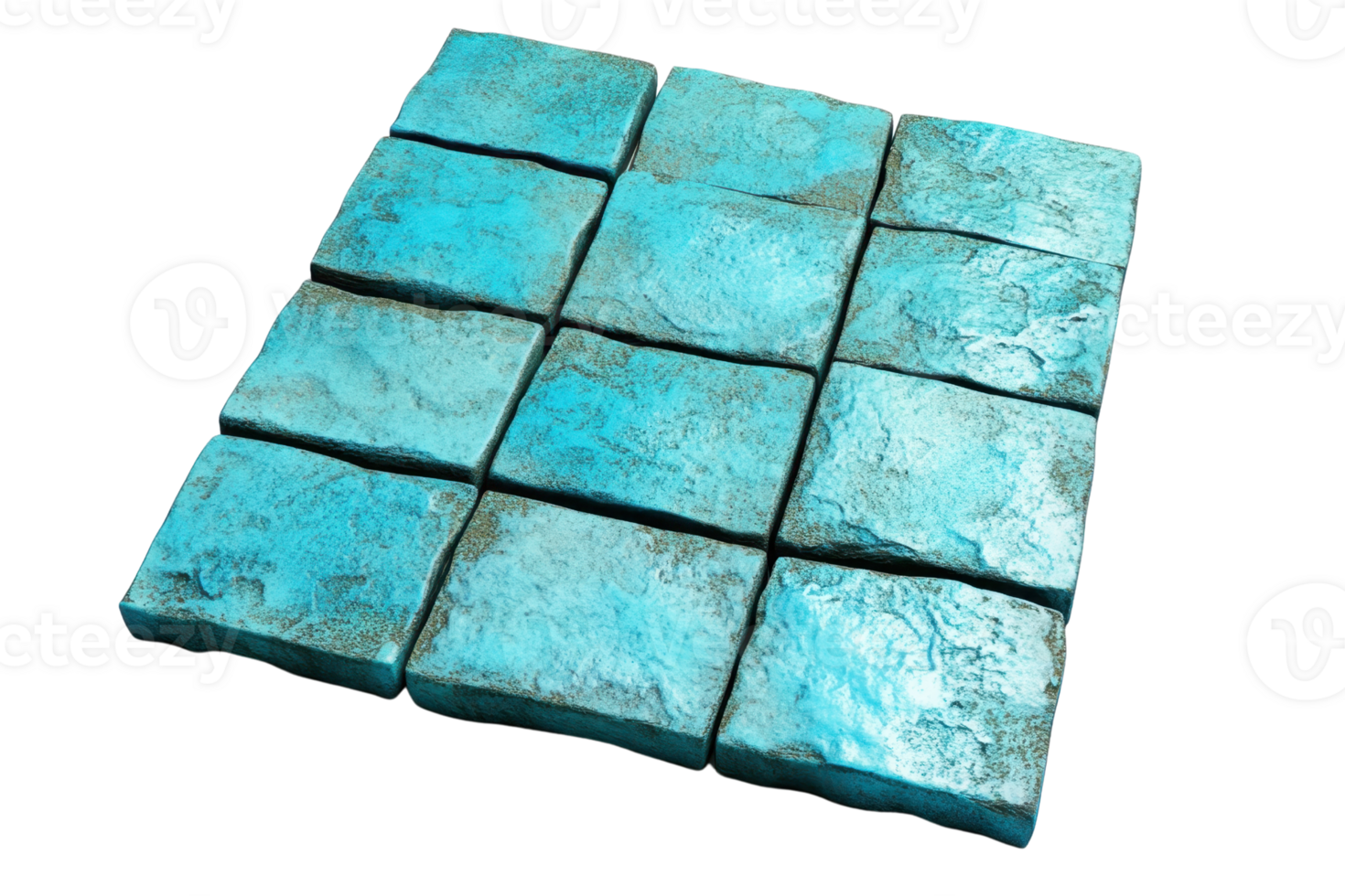 Close-up of blue textured ceramic tiles arranged in a square pattern, perfect for architectural and interior design projects. png