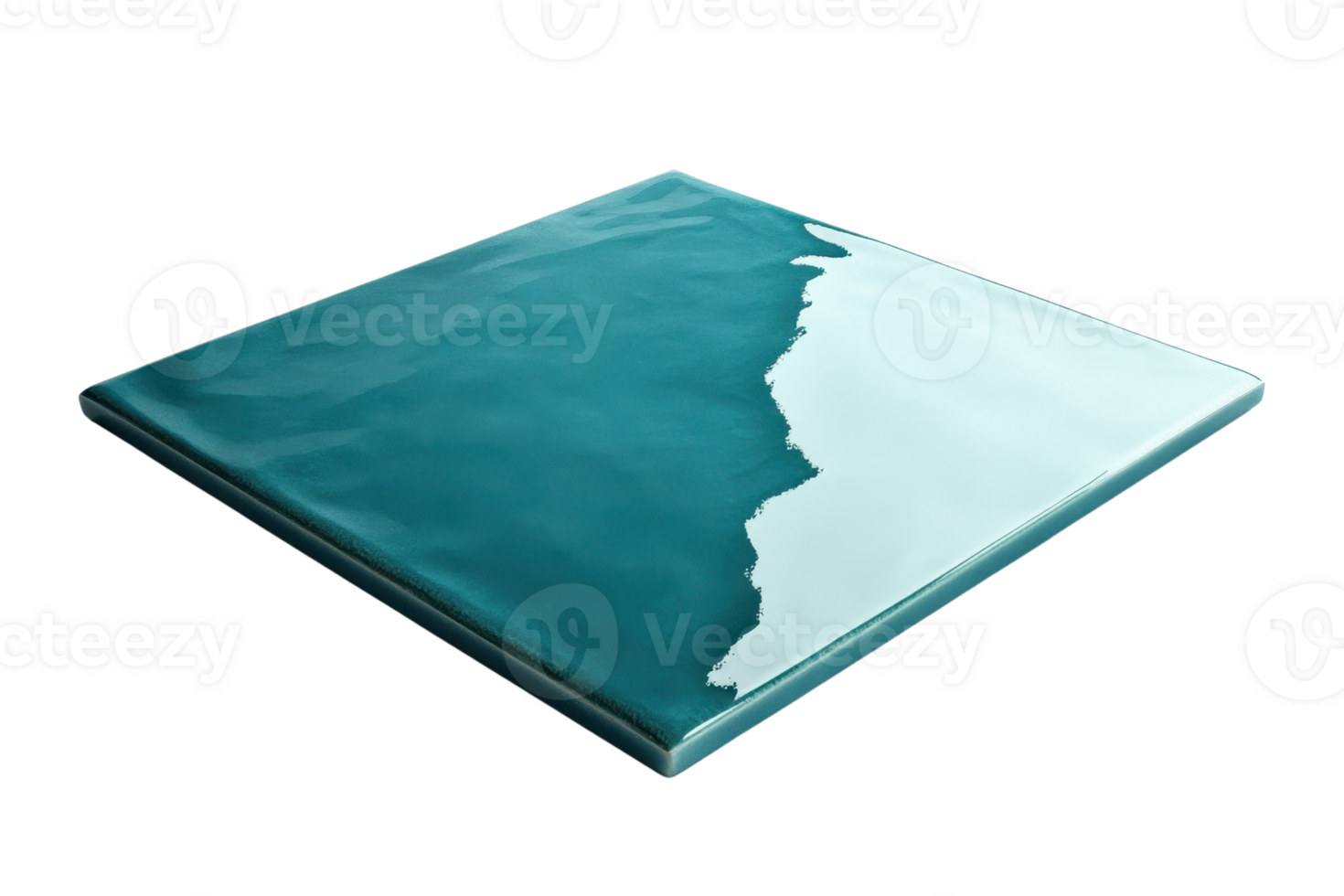Close-up view of a textured blue-green ceramic tile with a glossy finish, highlighting a wavy pattern reminiscent of ocean waves. png