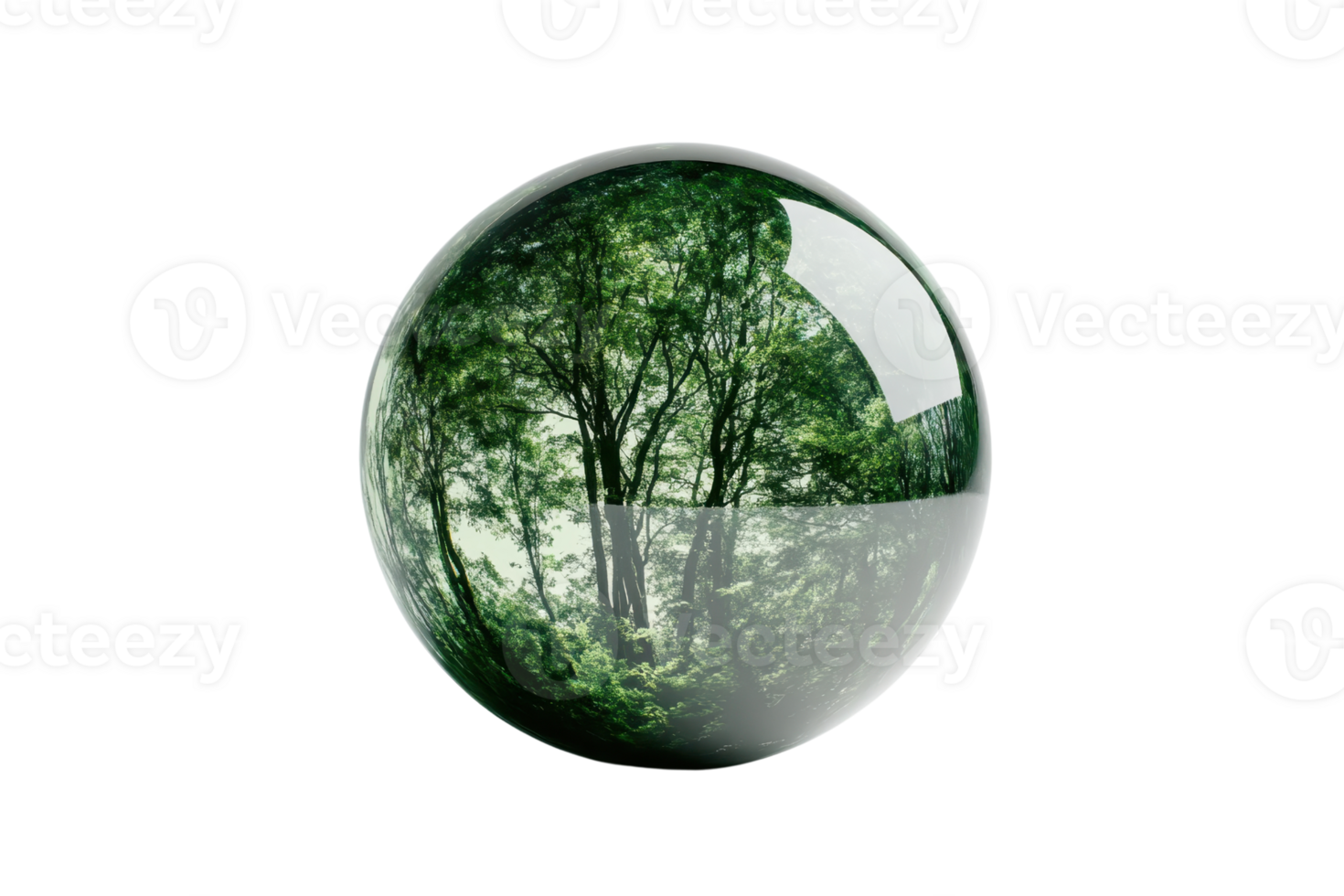 Crystal ball with lush green forest reflection, symbolizing nature, tranquility, and a serene environment. Perfect for eco-friendly themes. png