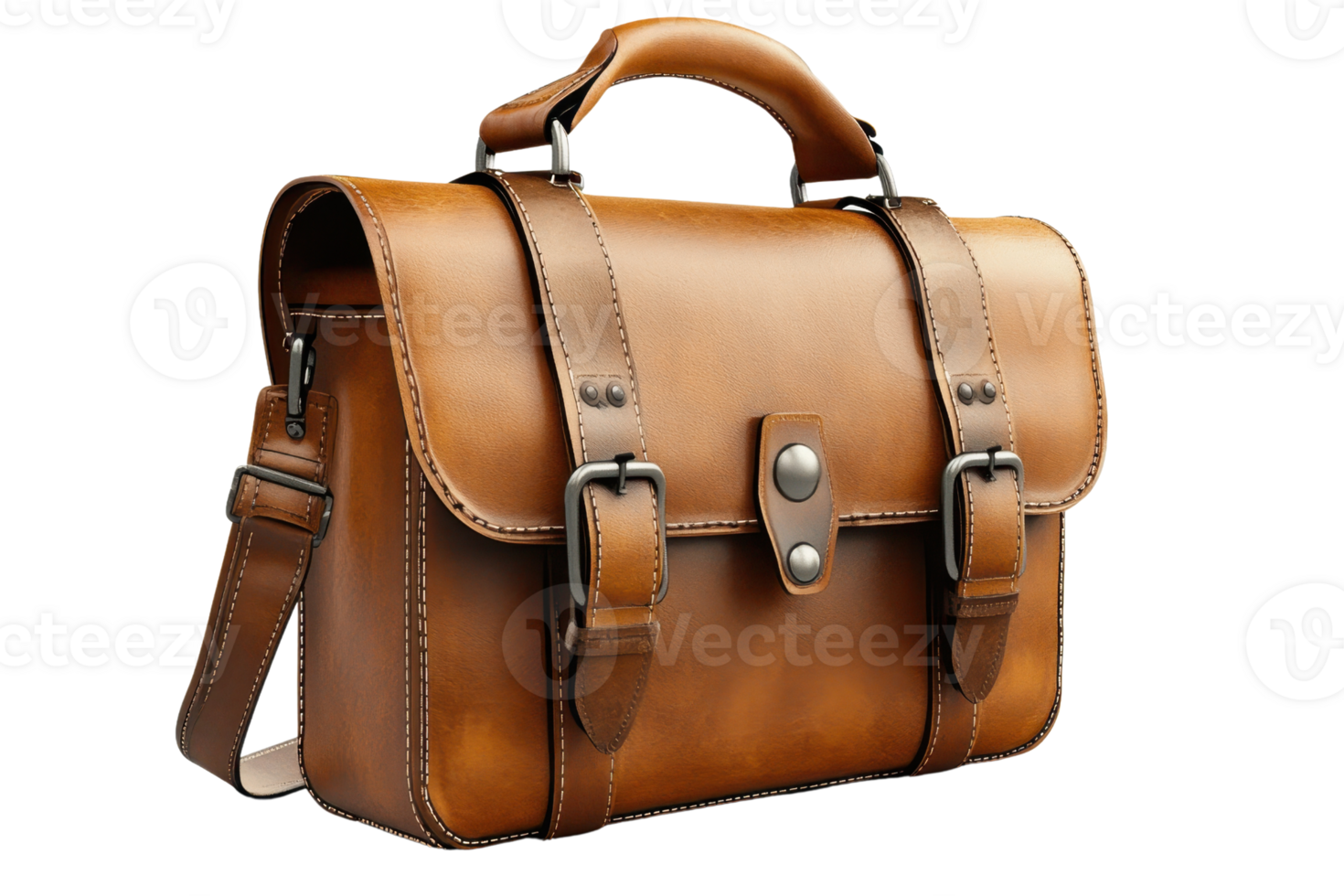 Elegant brown leather satchel with buckles and handle, perfect for professional and casual use. A versatile and stylish accessory. png