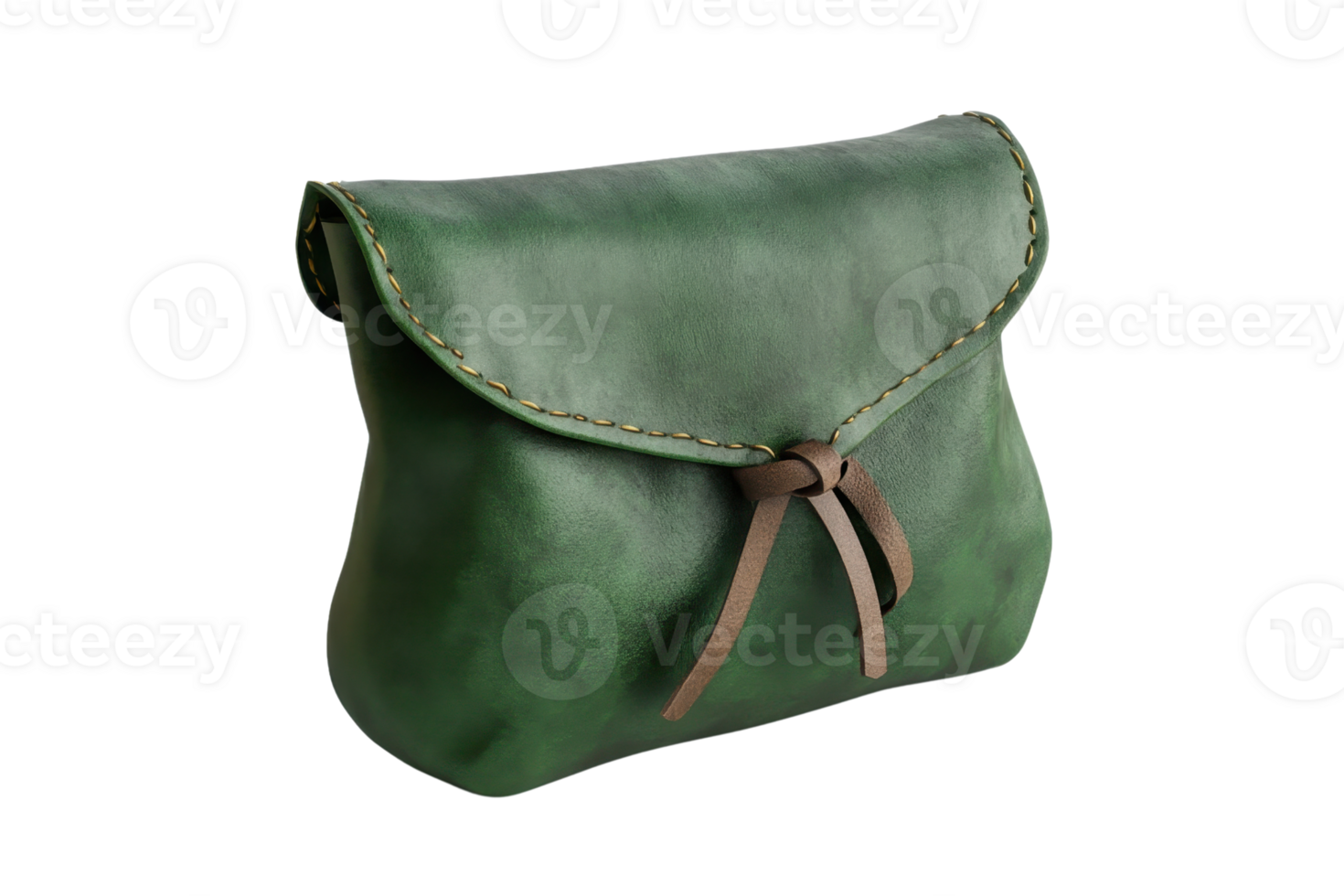 Elegant green leather pouch with a brown tie closure, perfect for storing small items. High-quality craftsmanship and stylish design. png