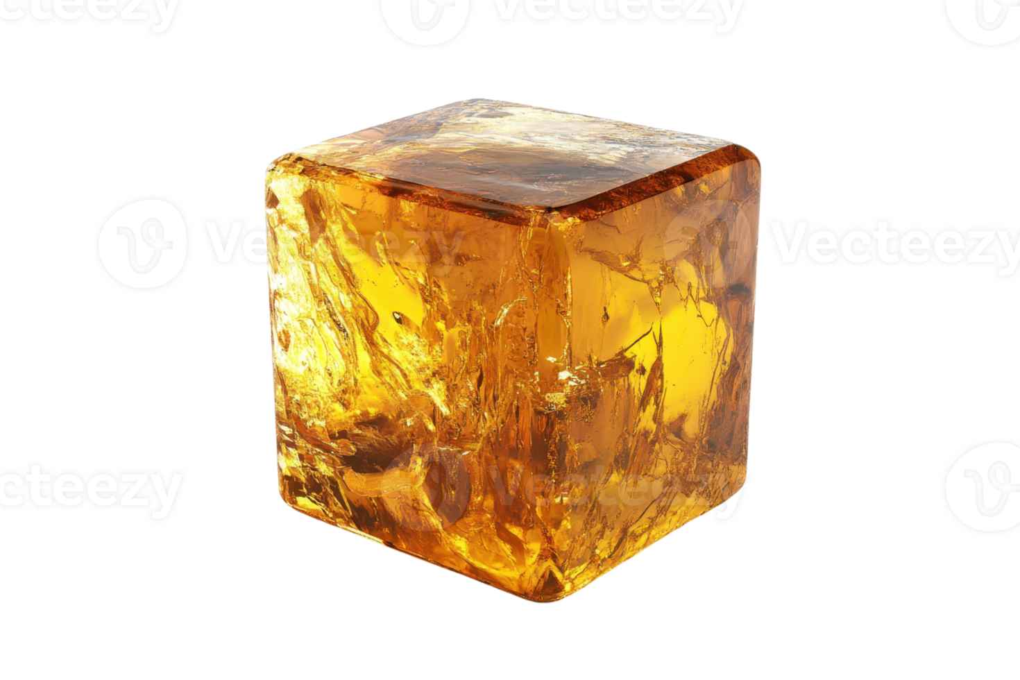 Golden amber cube with a clear and polished surface, showcasing intricate internal patterns and transparency perfect for decoration or collection. png