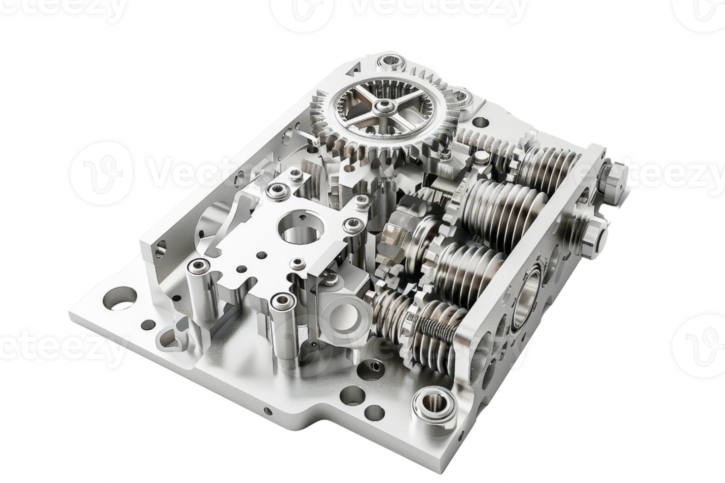 High-precision metallic machinery part with gears and components, isolated on transparent background. showcasing engineering and mechanical design. png