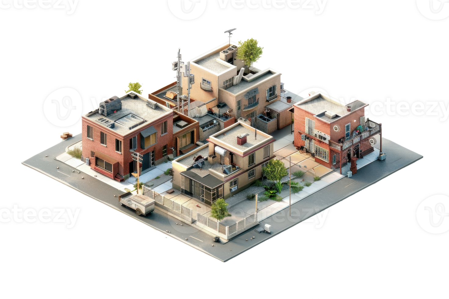 High-quality 3D rendering of a cozy residential neighborhood with modern homes, trees, and urban surroundings. png