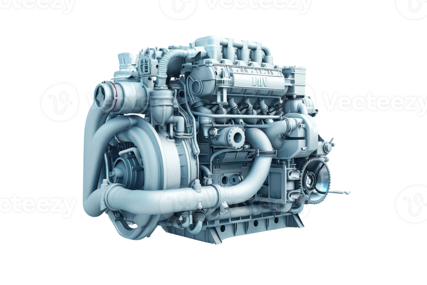 High-quality 3D rendering of an intricate diesel engine showcasing detailed mechanical components. Great for engineering and technical projects. png