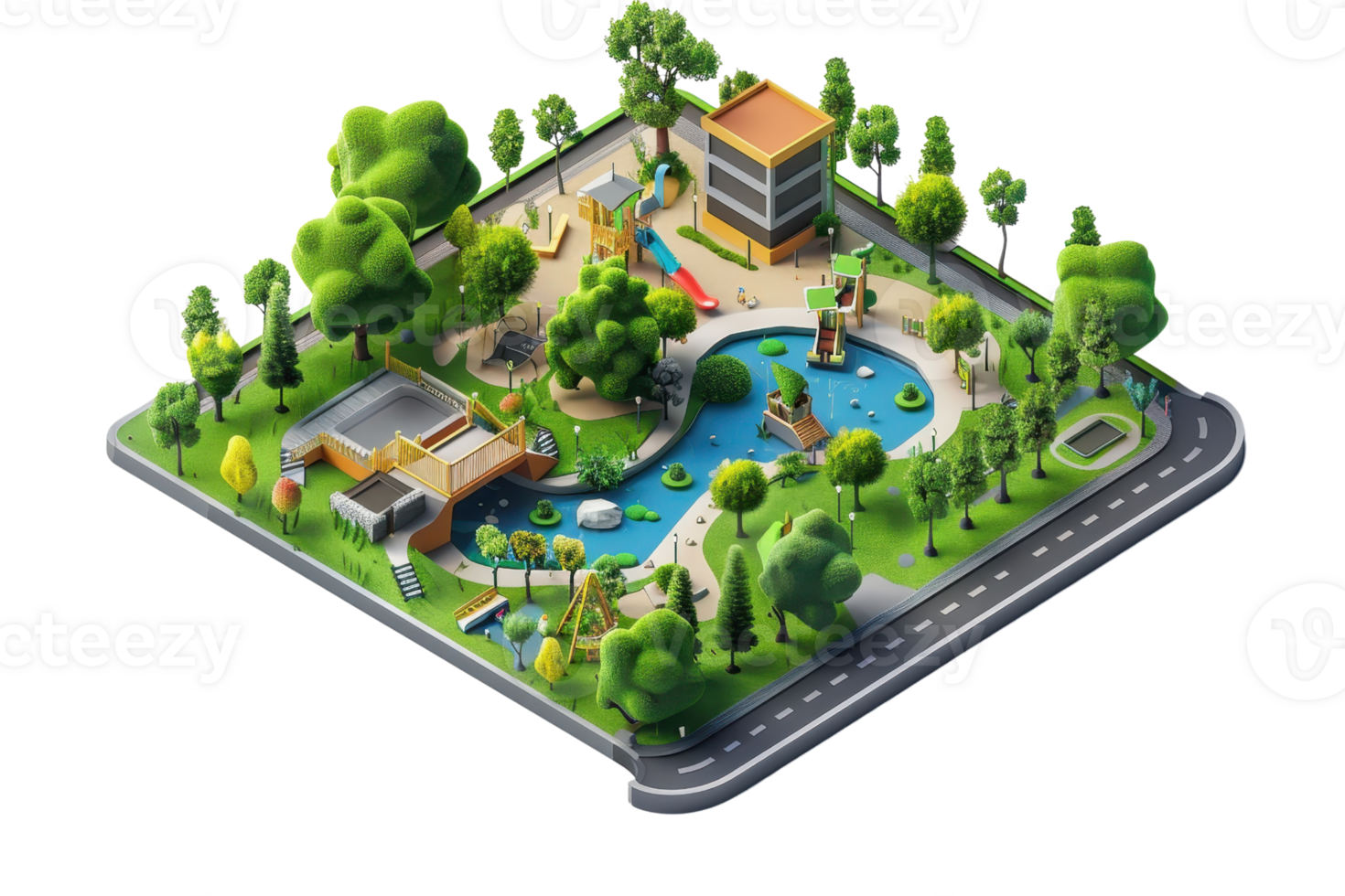 High-angle illustration of a modern urban park with playgrounds, ponds, and trees, showcasing urban greenery and recreation areas. png