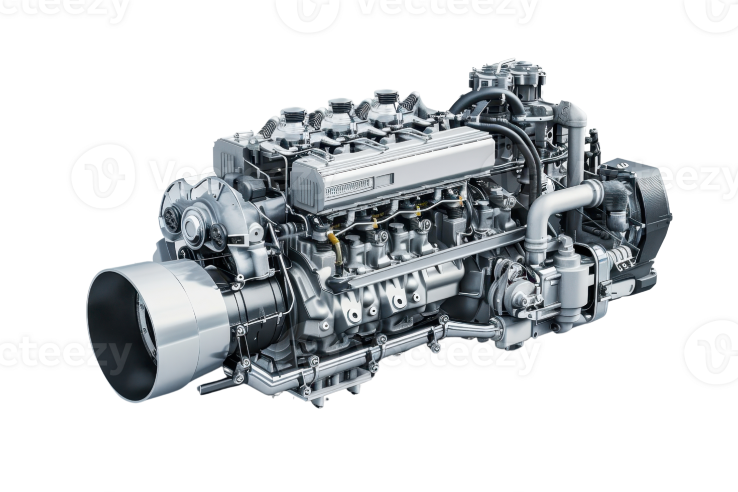 High-quality image of a complex car engine, showcasing parts and mechanisms, ideal for automotive industry and engineering content. png