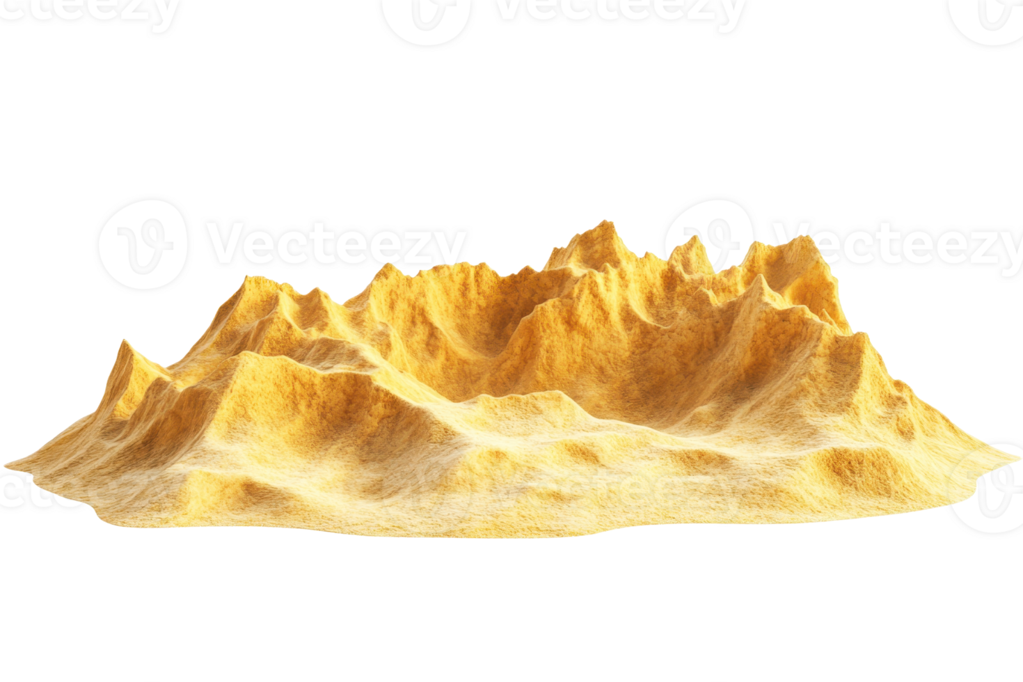 High-resolution 3D rendering of a rugged mountain range made of golden sand on a transparent background. Perfect for design projects. png